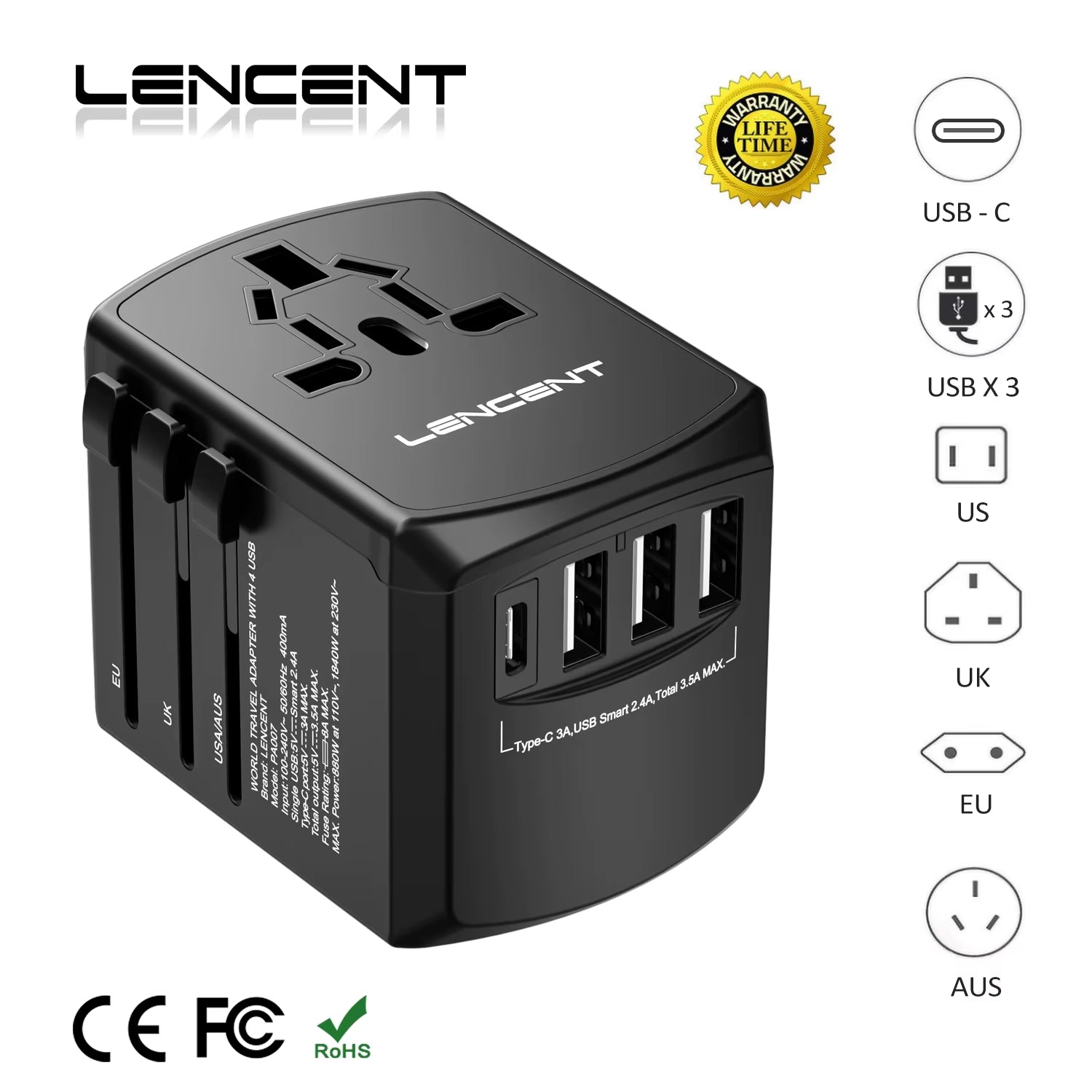 Internationaler Reiseadapter mit USB- und Typ-C-Anschlüssen