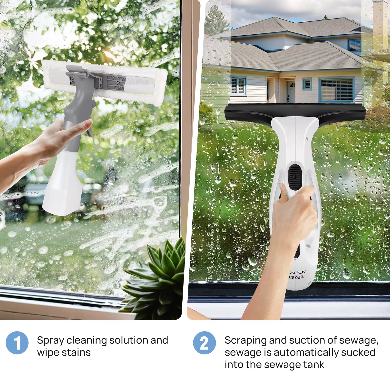 Wiederaufladbarer Kabelloser Fensterreiniger mit 150 ml Tank und 300 ml Sprühflasche