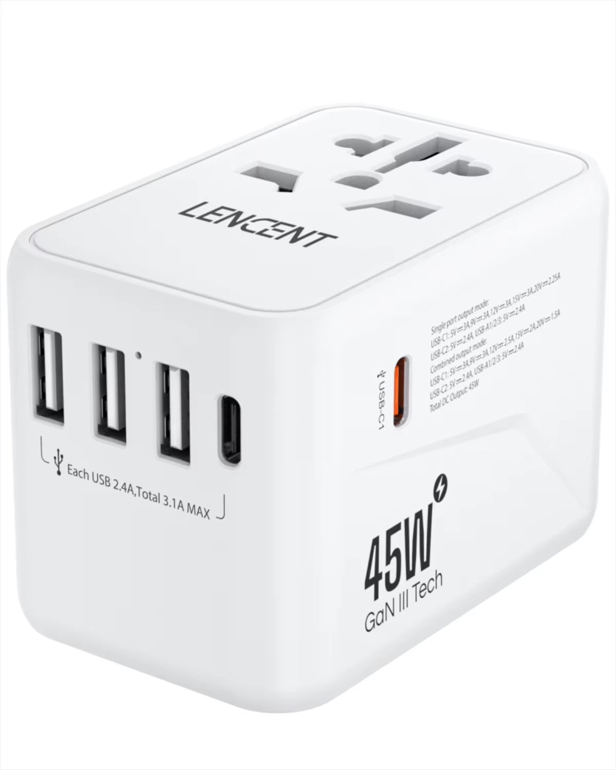 Internationaler Reiseadapter mit USB- und Typ-C-Anschlüssen