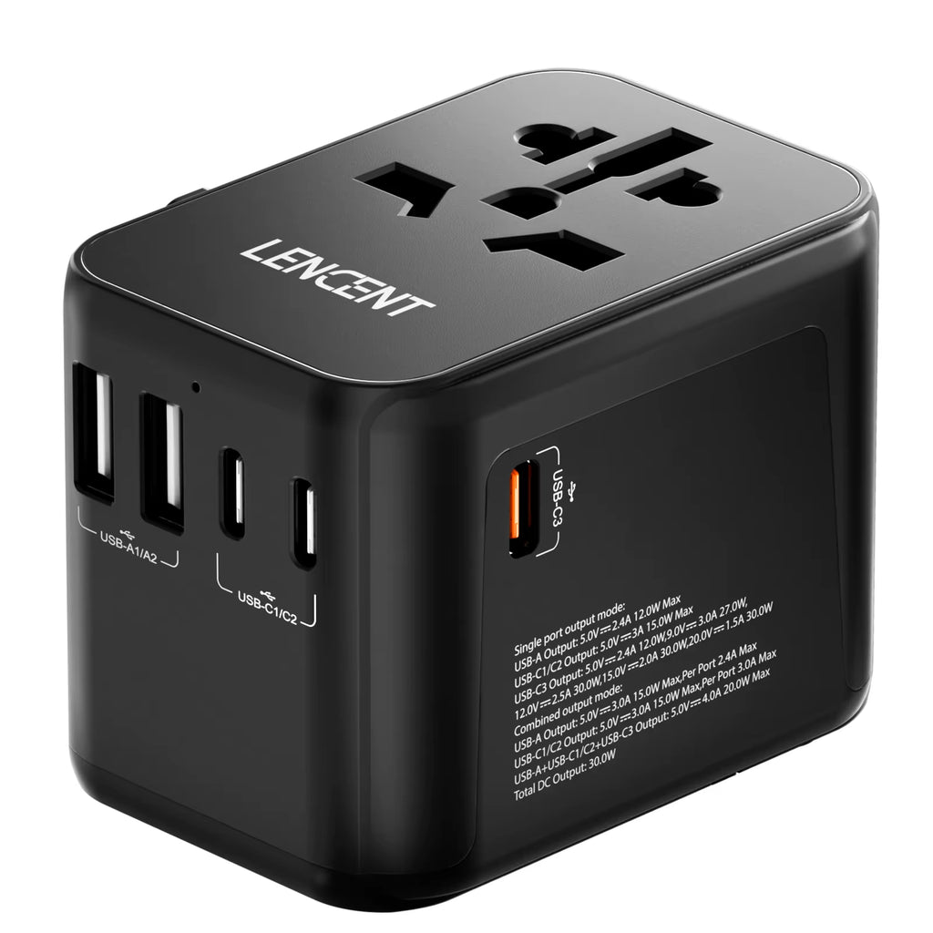 Internationaler Reiseadapter mit USB- und Typ-C-Anschlüssen