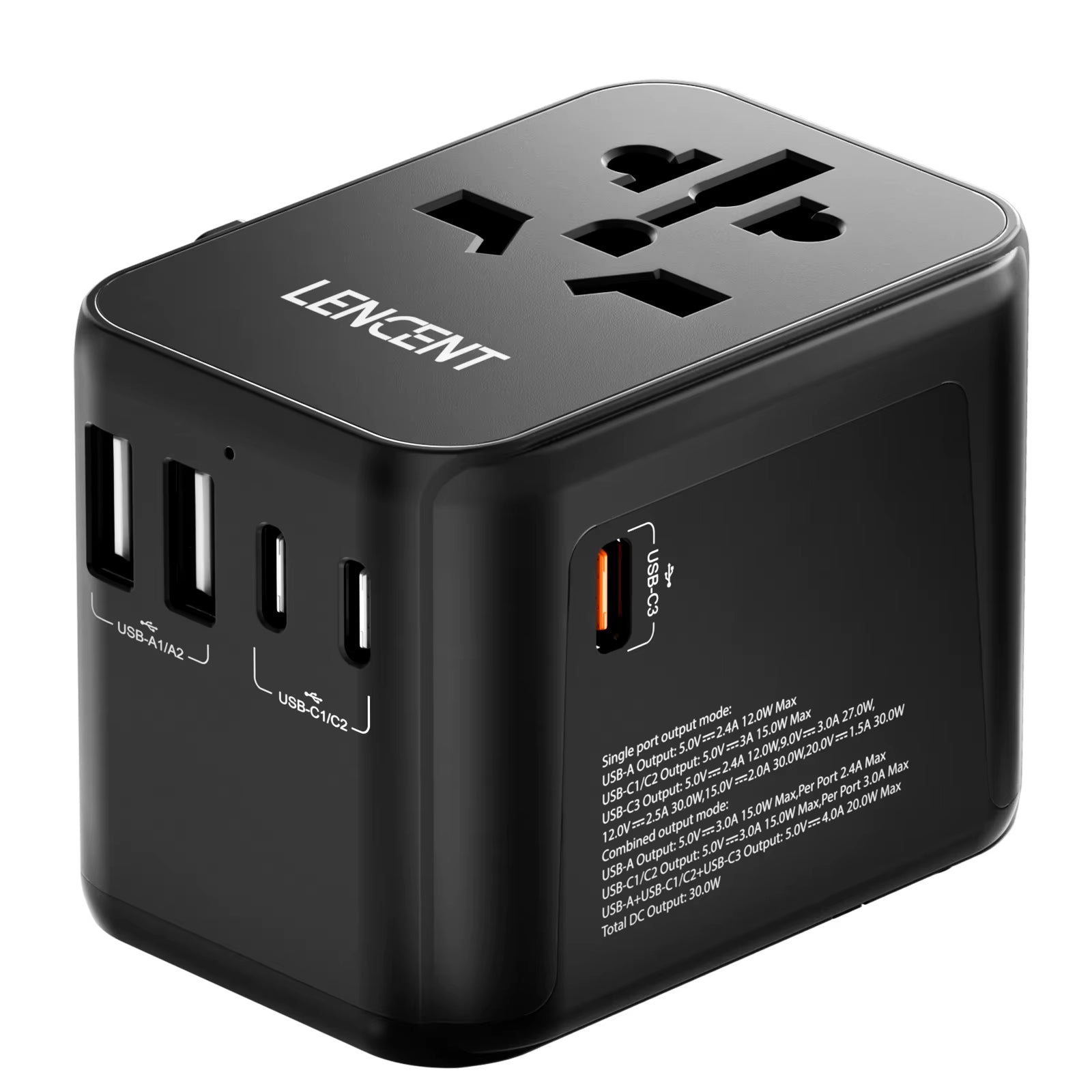 Internationaler Reiseadapter mit USB- und Typ-C-Anschlüssen