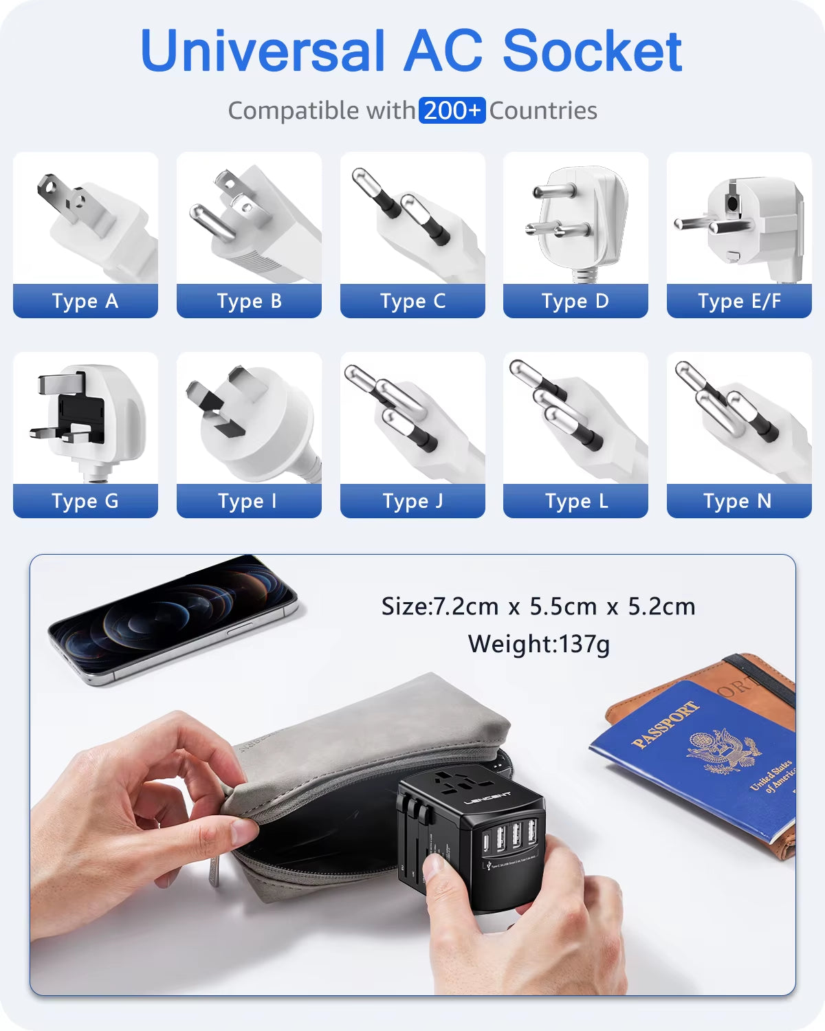 Internationaler Reiseadapter mit USB- und Typ-C-Anschlüssen