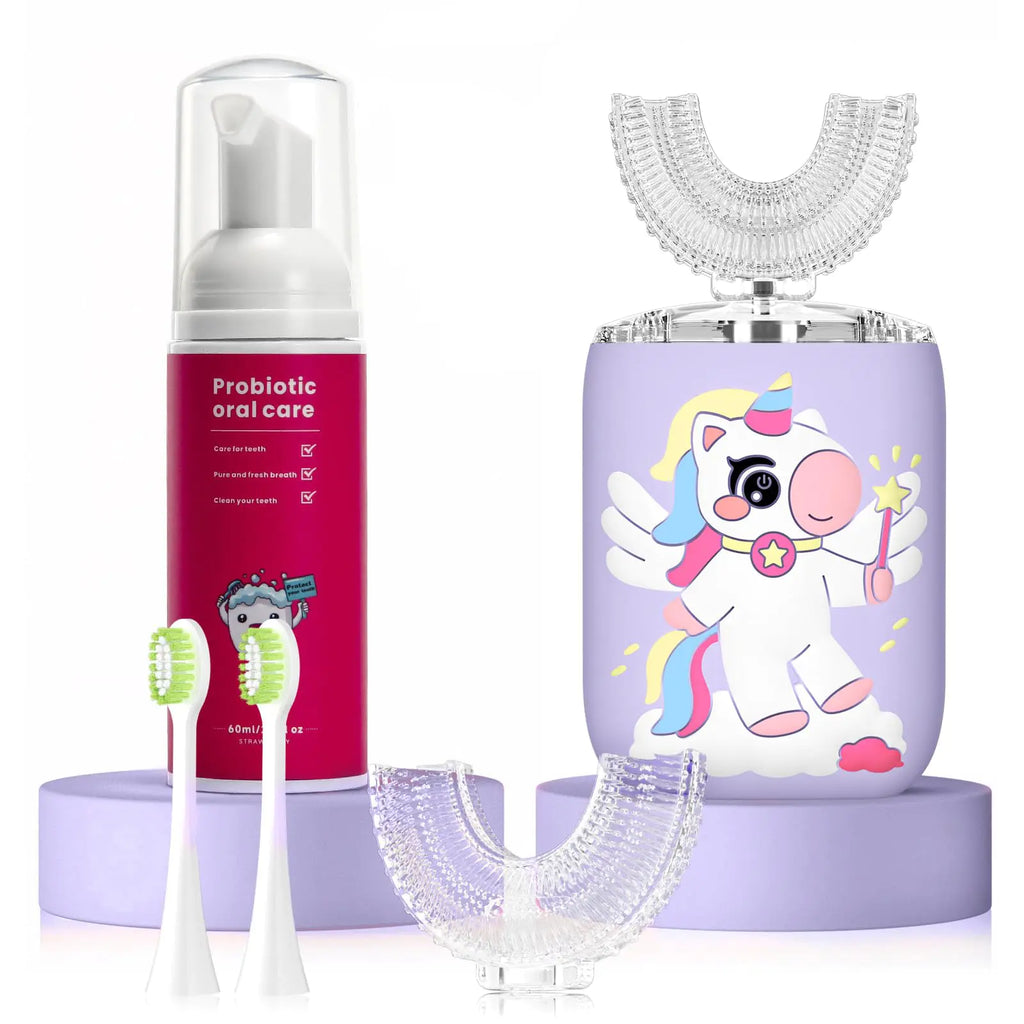ELOTAME Kids Electric U Shaped Toothbrush Unicorn Rechargeable Sonic Toothbrush with 4 Soft Brush Heads with Kid Toothpaste IPX7 Waterproof - (Age 8-15 Purple)