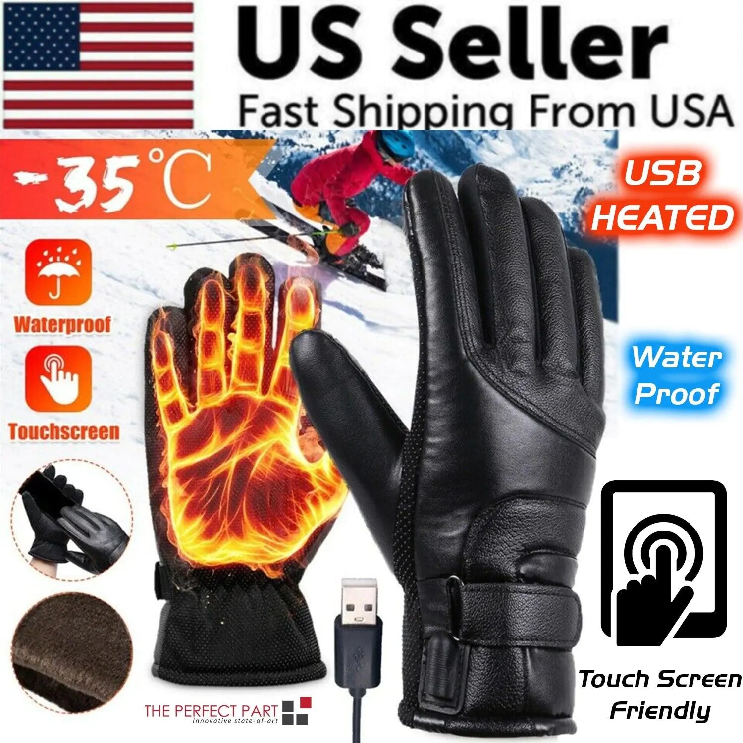 Thermal USB Heated Ski Gloves Winter Warming Hand Warmers Windproof