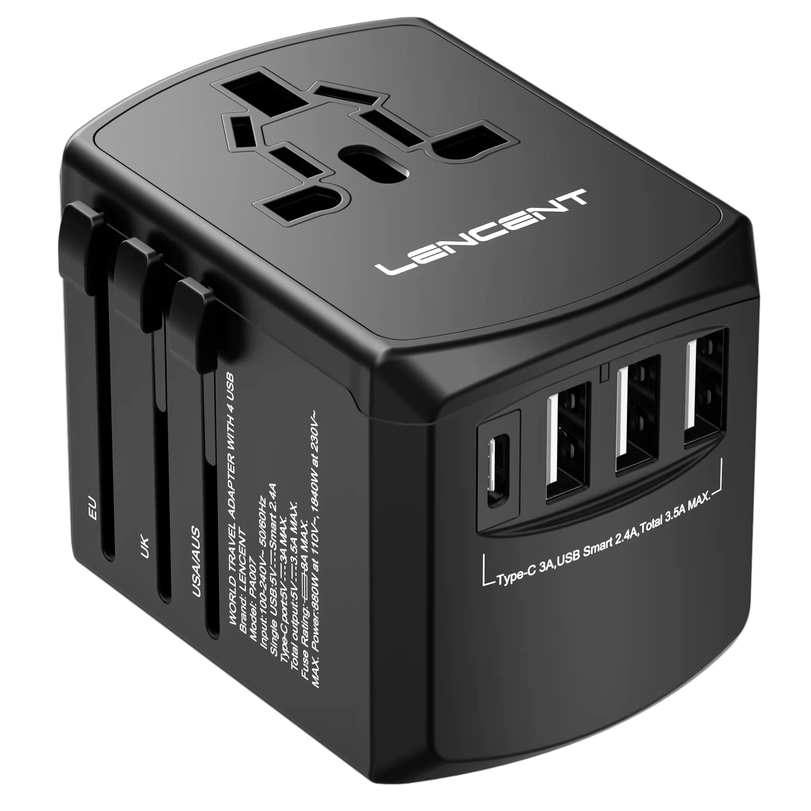 Internationaler Reiseadapter mit USB- und Typ-C-Anschlüssen