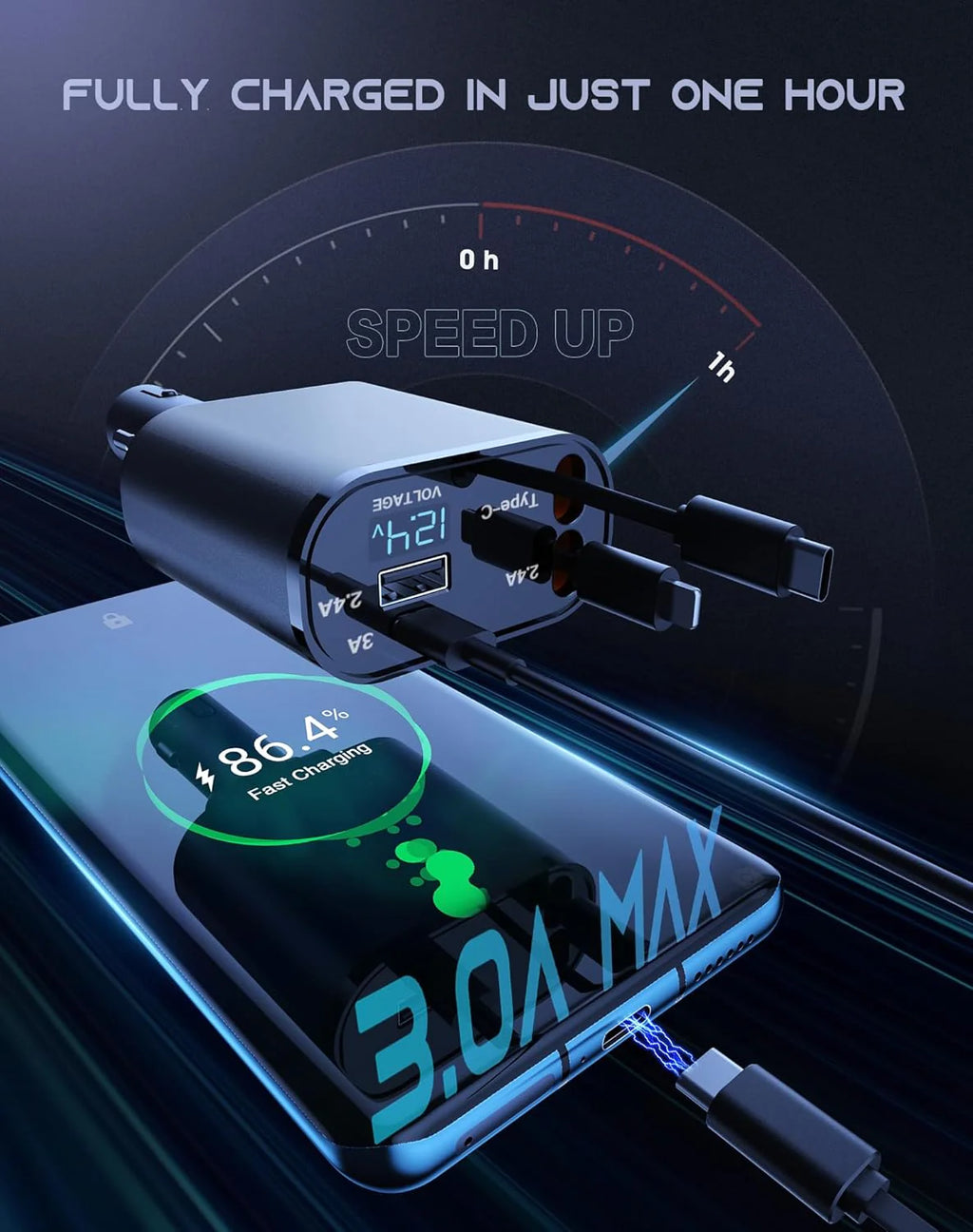 Retractable Car Charger 4 in 1 Fast Car Phone Charger 120W With USB Type C Cable