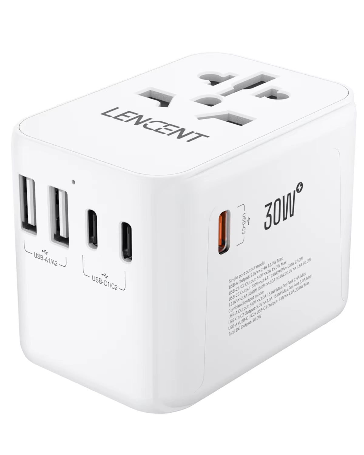 Internationaler Reiseadapter mit USB- und Typ-C-Anschlüssen