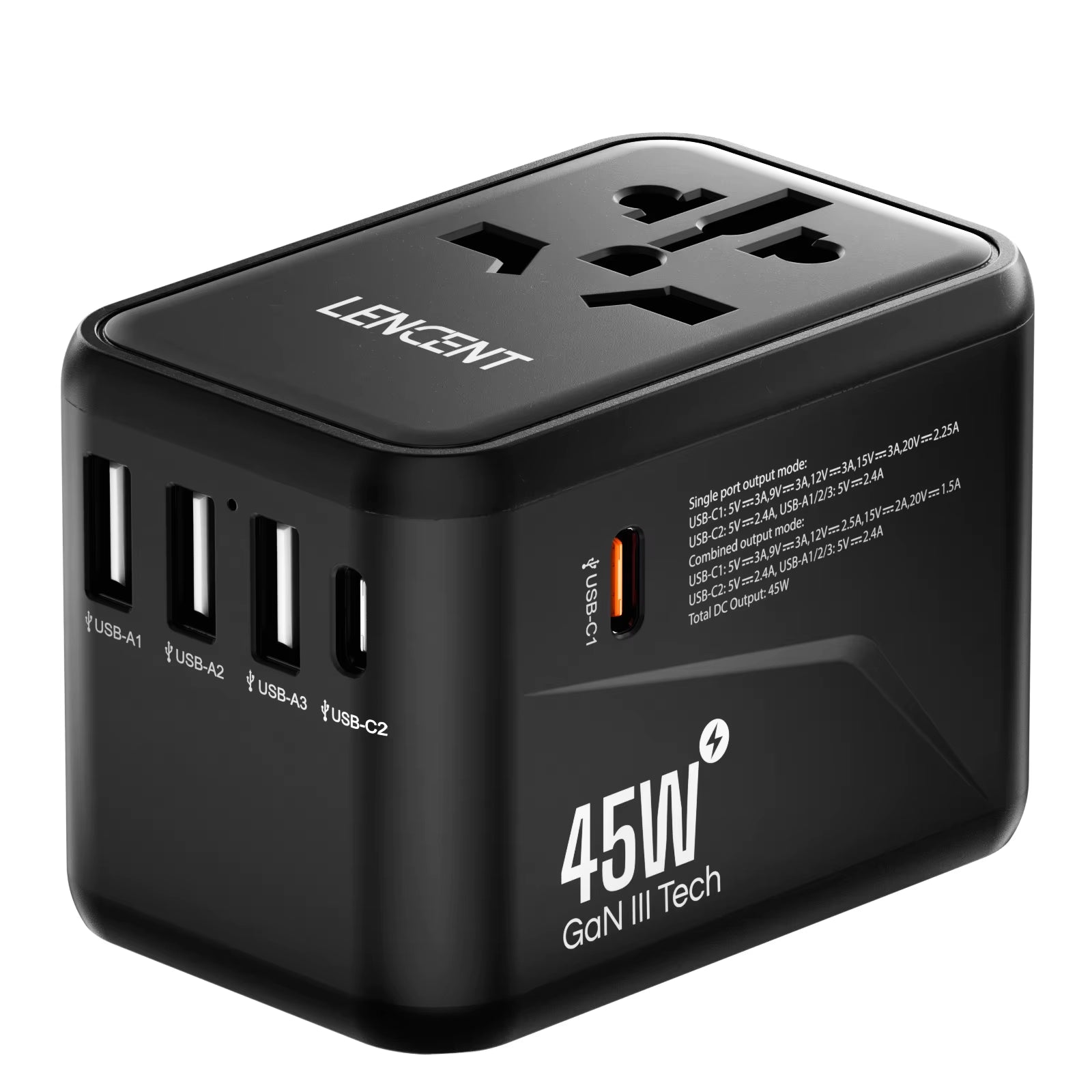 Internationaler Reiseadapter mit USB- und Typ-C-Anschlüssen