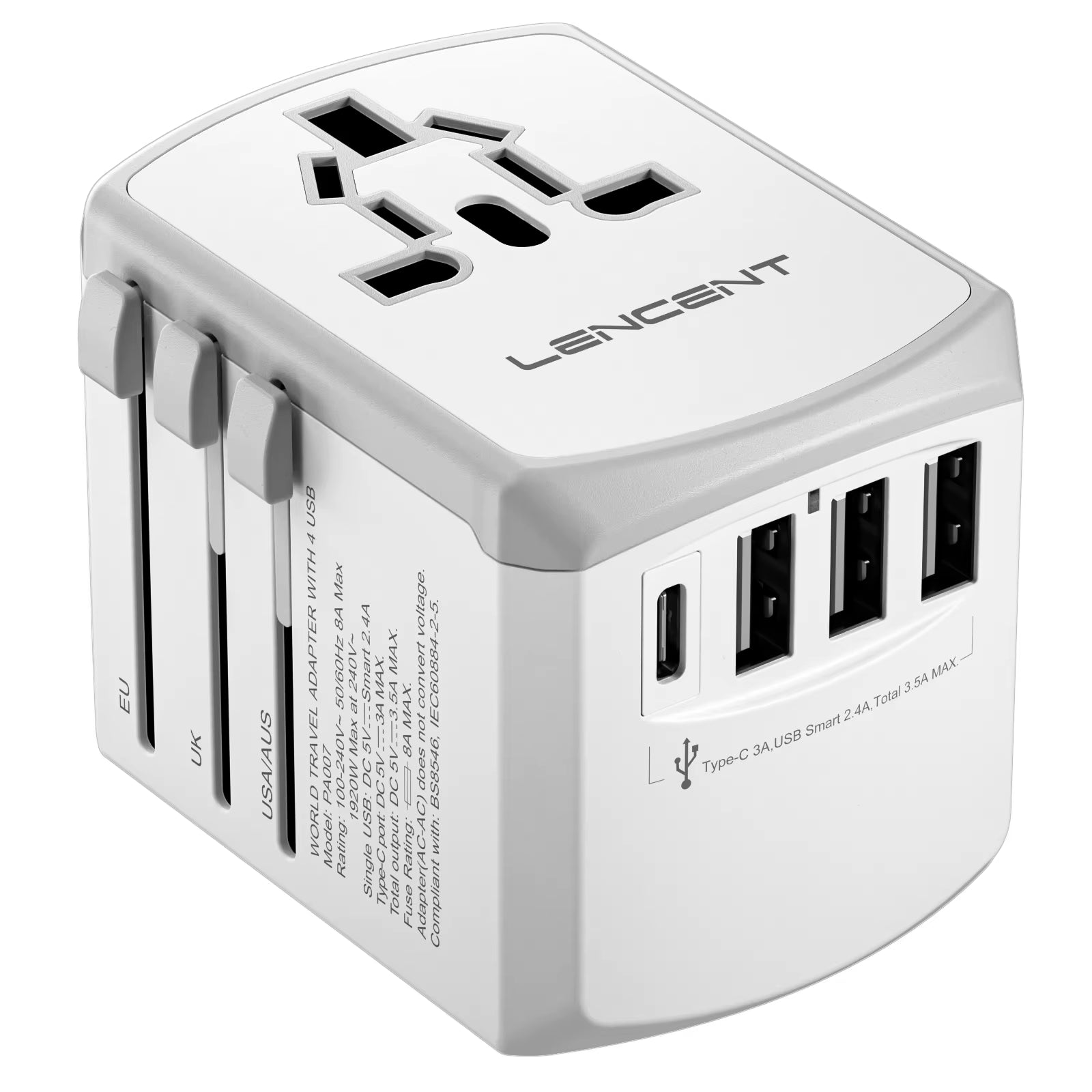 Internationaler Reiseadapter mit USB- und Typ-C-Anschlüssen