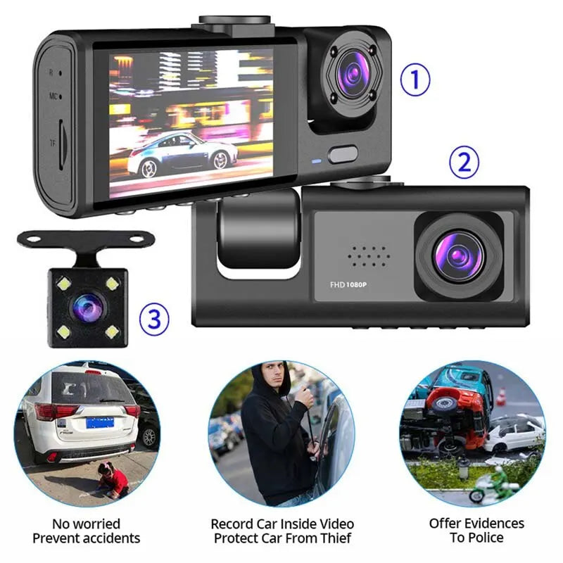 Dashcam mit 3 Kameras, IR-Nachtsicht und Loop-Aufzeichnung