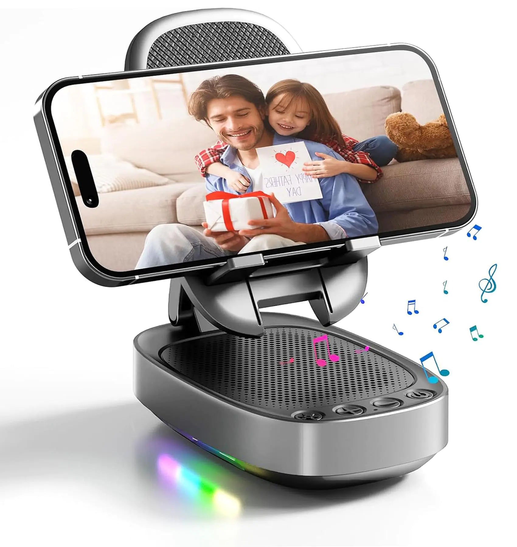 Gifts for Men WomanPhone Stand with Wireless Bluetooth Speaker for Men with LED Atmosphere Light HD Surround Sound Speaker for HomeOfficeBirthdayAnniversaryCompatible with iPhone/iPad Tablet