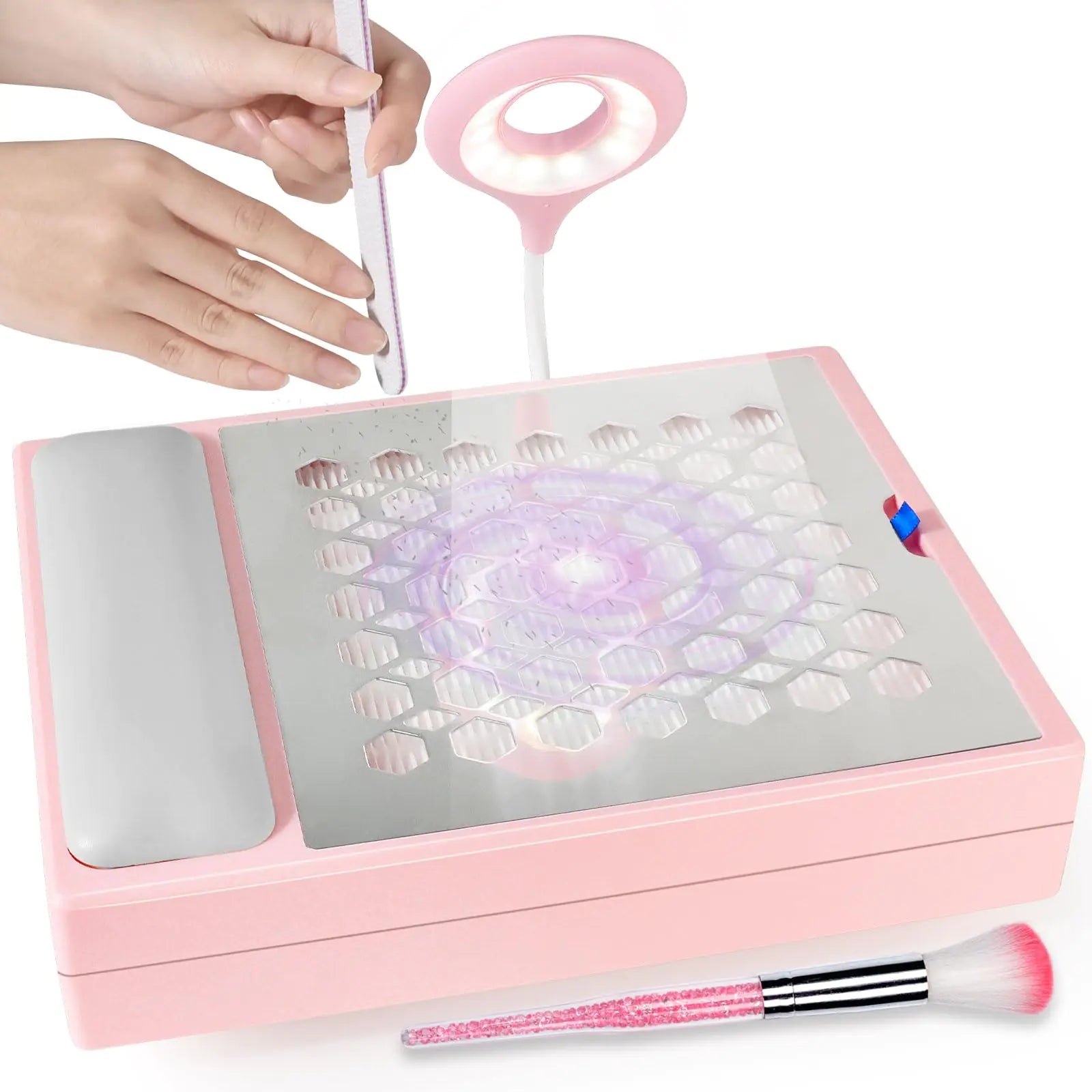 LimeGirl Nail Dust Collector with LED Light Nail Tech with Reusable Filter Powerful 56W Nail Vacuum Fan Electric Acrylic Gel Nails Polishing Extractor Duster Collector Quiet (Pink)