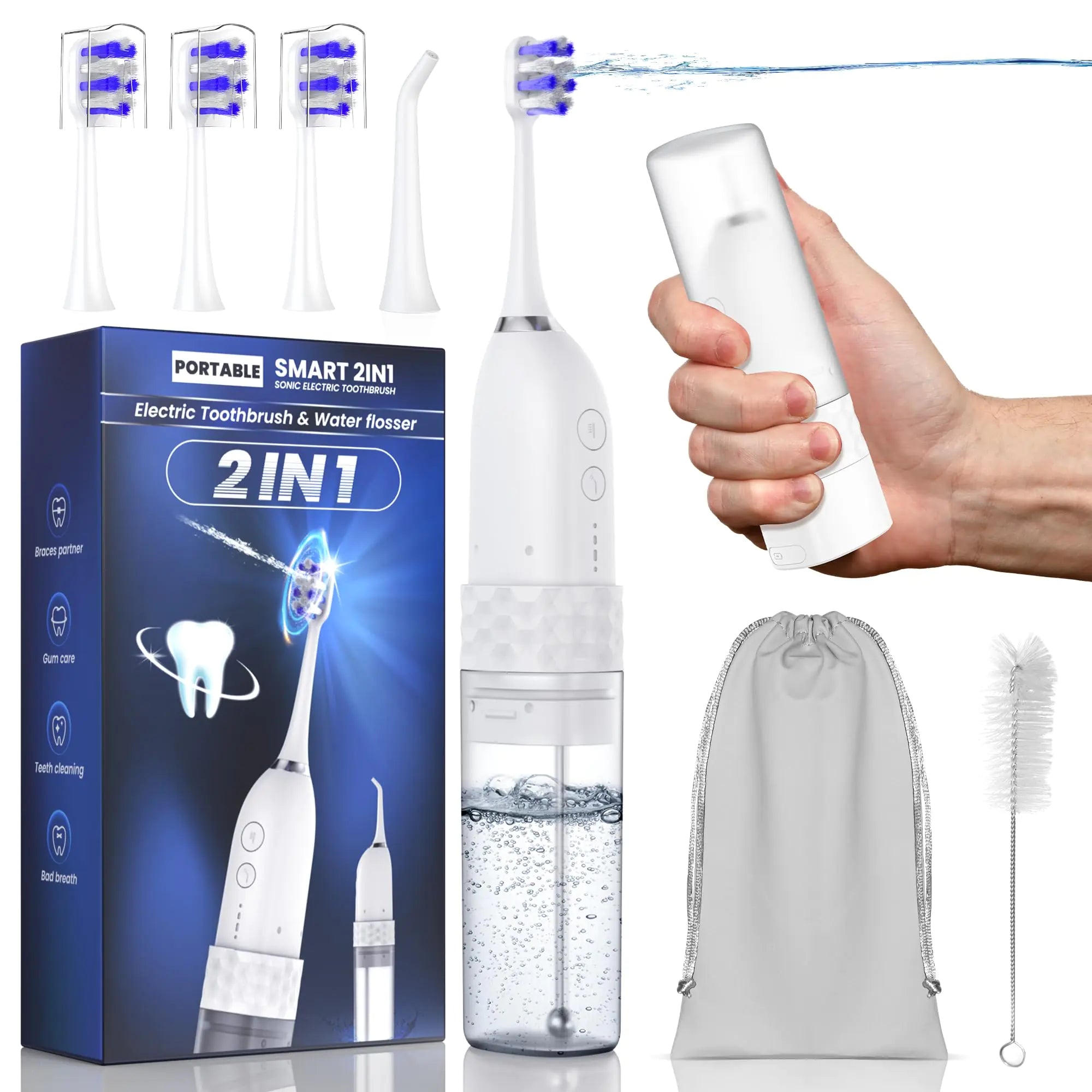 UNINGOPI Portable Water flosser with Electric Toothbrush 2 in 1 Teeth Cleaning Kit Electric Toothbrush and flosser Combo Water Flosser for Travel and Home (White)